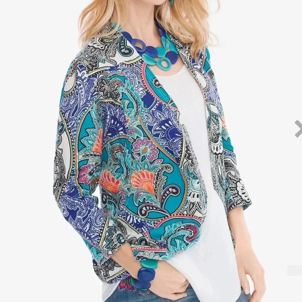 Chico’s linen, drape jacket paisley colorful coastal travel grandma plus size